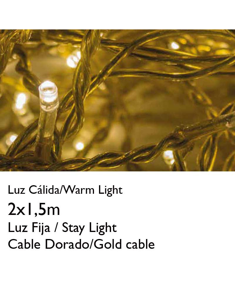 2 x 1.5m LED curtain, warm white LEDs, gold cable, connectable, suitable for indoor use.