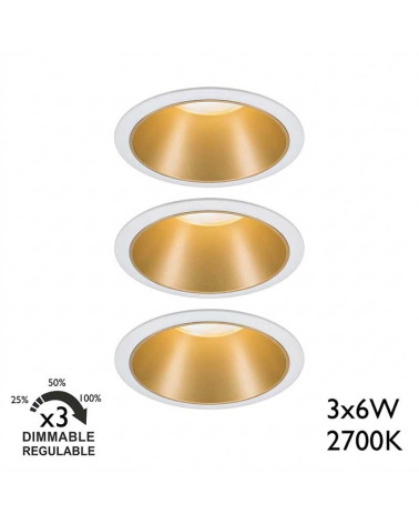 Set of 3 dimmable 6W LED recessed spotlights IP44 6W white and gold 2700K