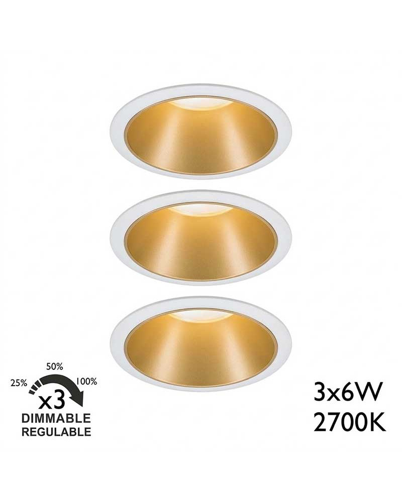 Set of 3 dimmable 6W LED recessed spotlights IP44 6W white and gold 2700K