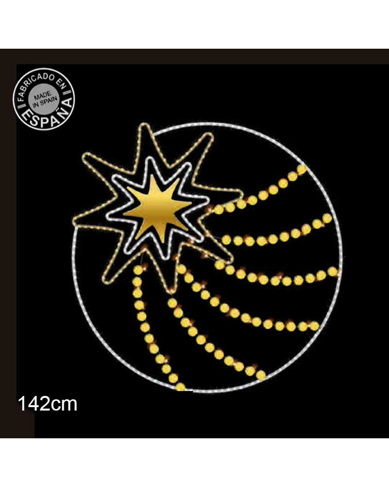Figura circular LED lentejuelas doradas estrella 4 puntas 142cm 56W