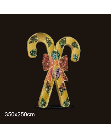 Light-up candy-shaped figure in the shape of a cane with a red bow, 350x250 cm, with plug and flashing function