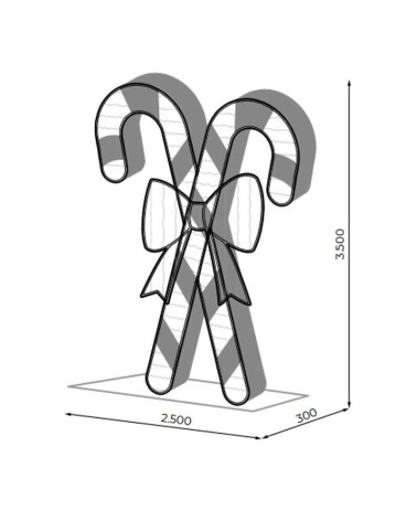 Light-up candy-shaped figure in the shape of a cane with a red bow, 350x250 cm, with plug and flashing function