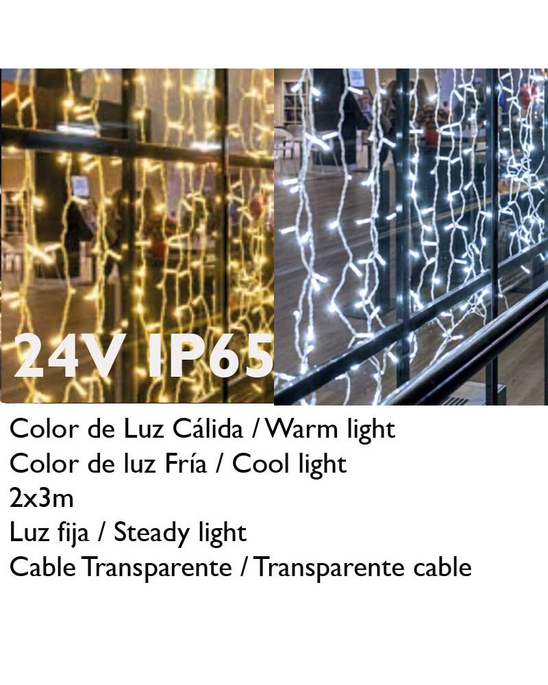 Cortina de LEDs 2x3m luz calida o fría cable transparente 24V, con 600 LEDS IP65 apta para exterior