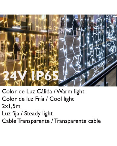 Cortina de LEDs 2x1,5m luz calida o fría cable transparente 24V, con 300 LEDS IP65 apta para exterior
