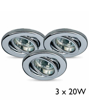 Set de tres focos empotrables de techo 20W GU5.3 redondos orientables en acero cromo de 10 cm