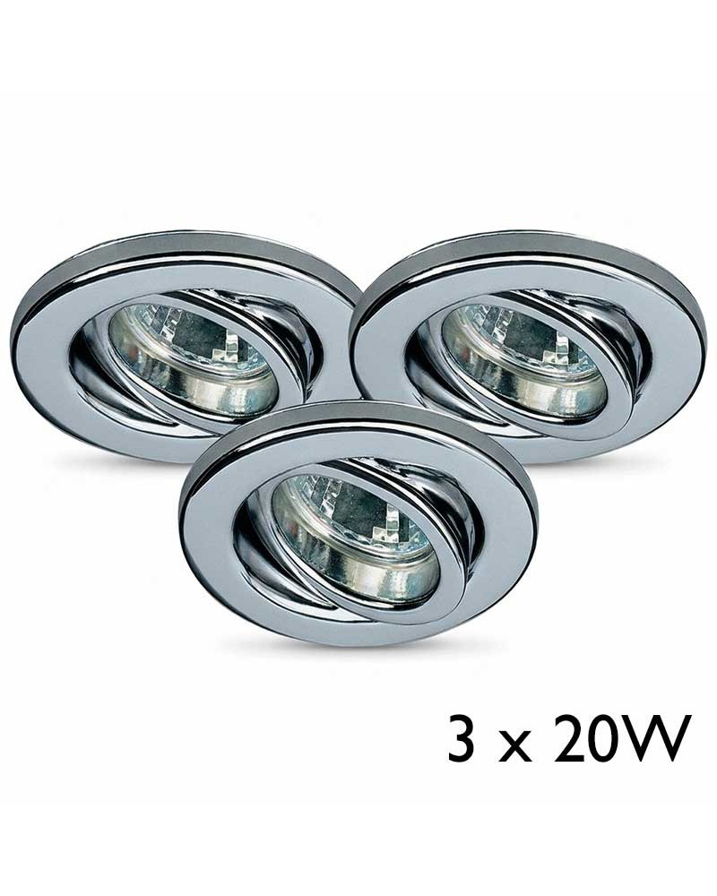 Set de tres focos empotrables de techo 20W GU5.3 redondos orientables en acero cromo de 10 cm