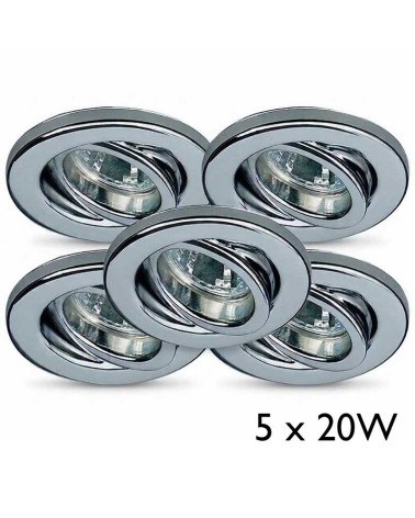 Set of five 20W GU5.3 round adjustable recessed ceiling spotlights in chrome steel, 10 cm