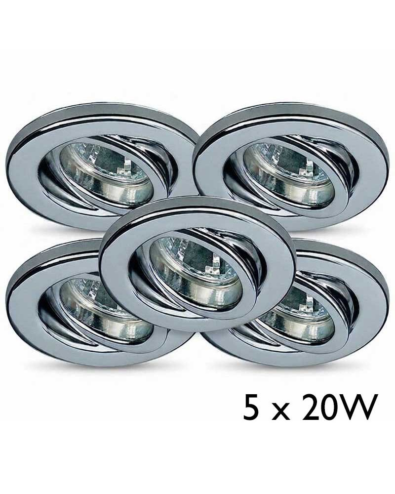 Set de cinco focos empotrables de techo 20W GU5.3 redondos orientables en acero cromo de 10 cm