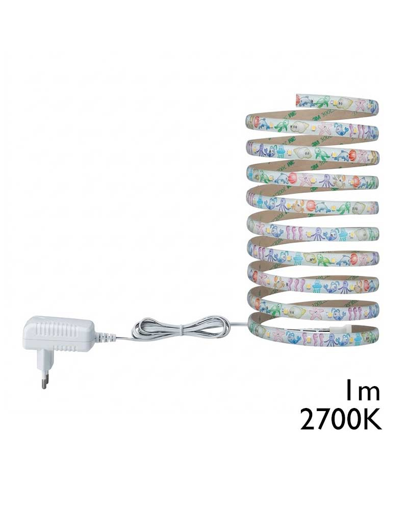 Tira LED infantil de 1 metro 2,4 W y luz cálida de 2700K autoadhesiva con diseño de motivos marinos