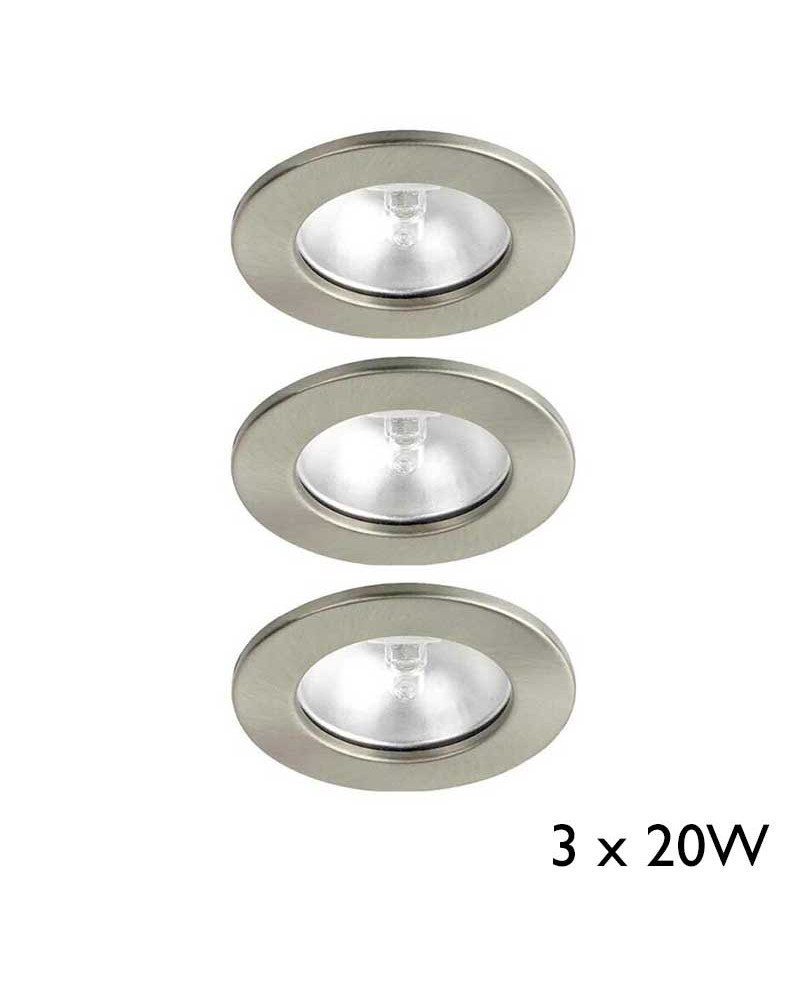 Set de tres focos empotrables G4 20W circulares 6,5cm en acabado metal satinado