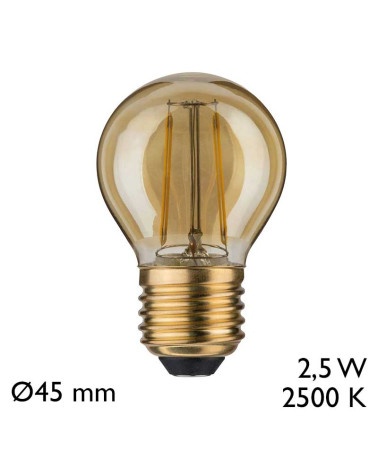 LED bulb, 45mm, filaments, E27, 2.5W and 2500K, in gold-finished glass