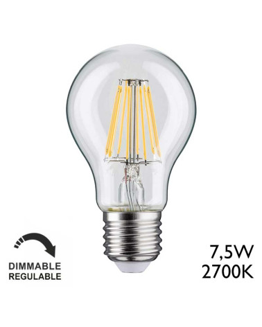 Bombilla LED estándar E27 regulable de 7.5 W y 2700 K cristal transparente con filamentos