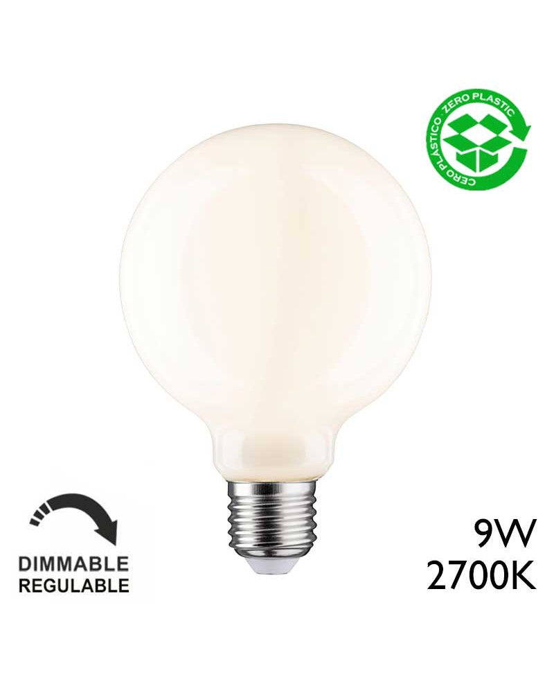 95mm E27 LED globe bulb, 9W and 2700K, dimmable, in opal glass