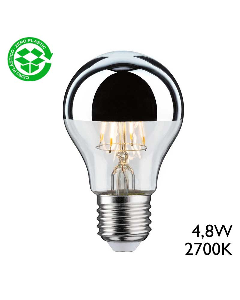 Bombilla LED estándar E27 de 4,8 W y 2700 K con cúpula espejo plata