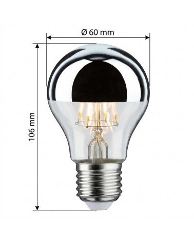 Standard E27 LED bulb, 4.8W and 2700K, with silver mirror dome