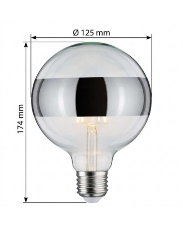 Bombilla LED globo 125 mm E27 de 6,5 W y 2700 K regulable con anillo en espejo plata