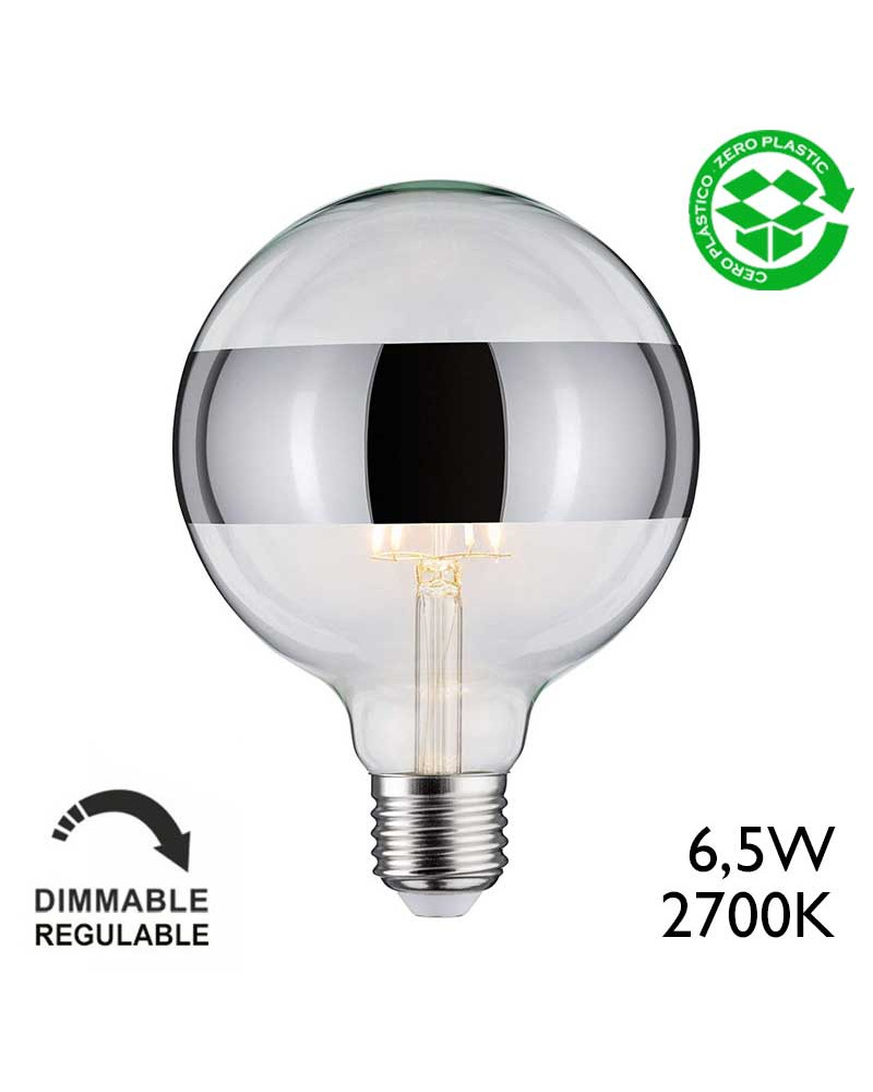 LED globe bulb 125mm E27 6.5W 2700K dimmable with silver mirror ring