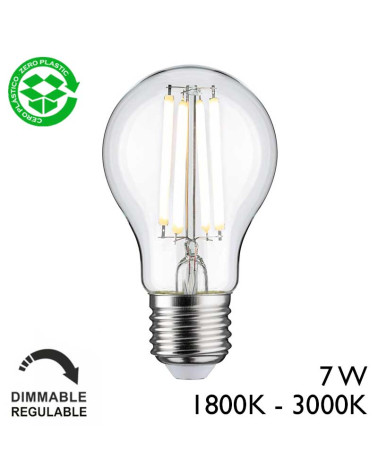 Bombilla LED estándar E27 de 7 W regulable de 1800 a 3000 K en cristal transparente con filamentos