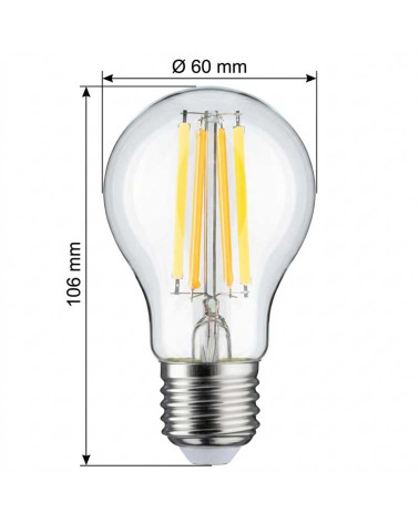Standard E27 7W LED bulb, dimmable from 1800 to 3000K, in clear glass with filaments