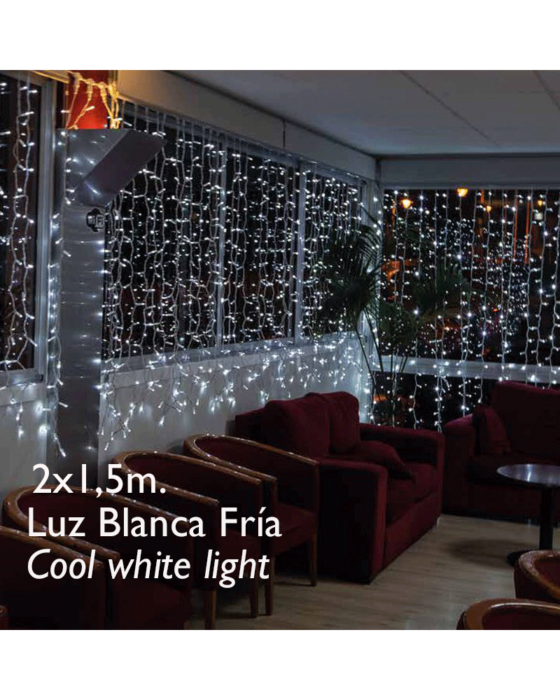 Cortina LED 2x1,5m Leds blancos, cable blanco, cápsula clara, empalmable y apta para exteriores IP65