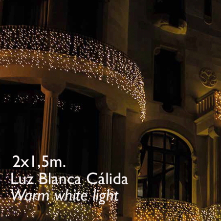 Cortina LED 2x1,5m Leds blanco cálido, cápsula clara, empalmable y apta para exteriores IP65