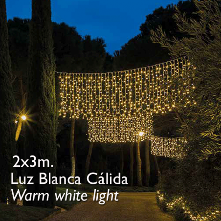 Cortina LED 2x3m Leds blanco cálido, cápsula clara, empalmable y apta para exteriores IP65