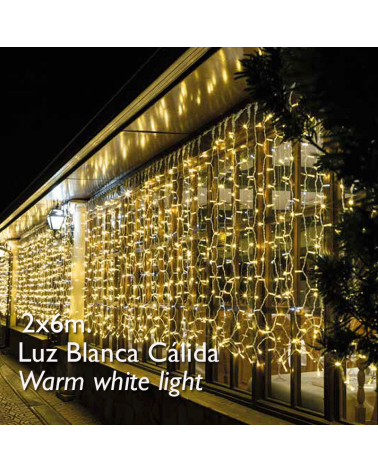 Cortina LED 2x6m Leds blanco cálido, cápsula clara, empalmable y apta para exteriores IP65