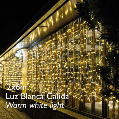 Cortina LED 2x6m Leds blanco cálido, cápsula clara, empalmable y apta para exteriores IP65