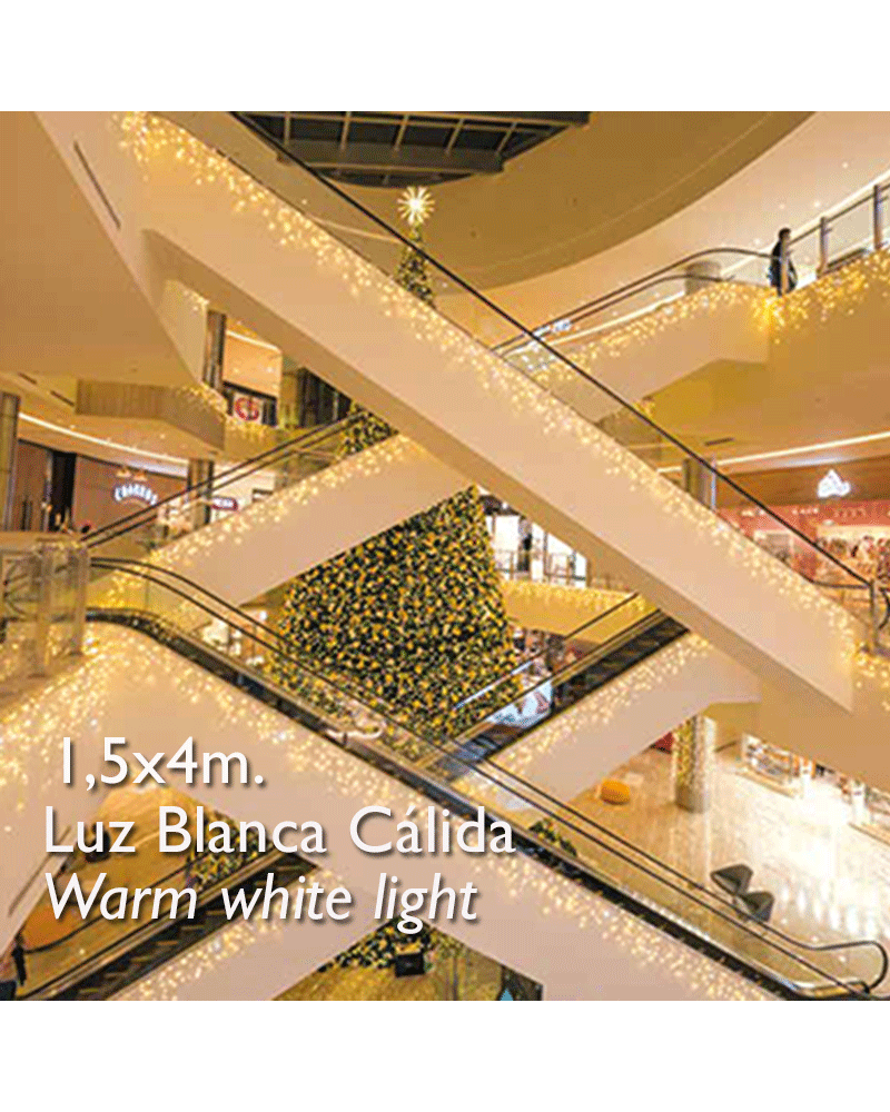 cortina de leds blanco cálido 4x1,5m efecto hielo, con 304 leds ip65 apta para exterior