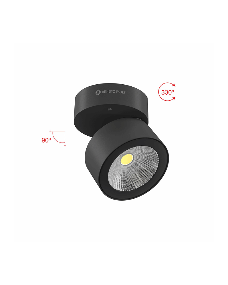 Wall and ceiling cylinder spotlight10cm black color LED 15W 90º tilting aluminum 4000K 1321 Lm. 40º