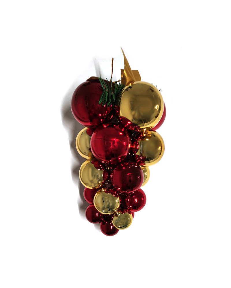Cluster of sparkling Christmas baubles in maroon and gold finish