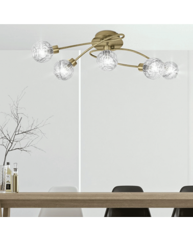 Ceiling light 63cm. 5 intertwined spotlights, leather finish glass lampshade with interior linear decoration 5 X 40W G-9