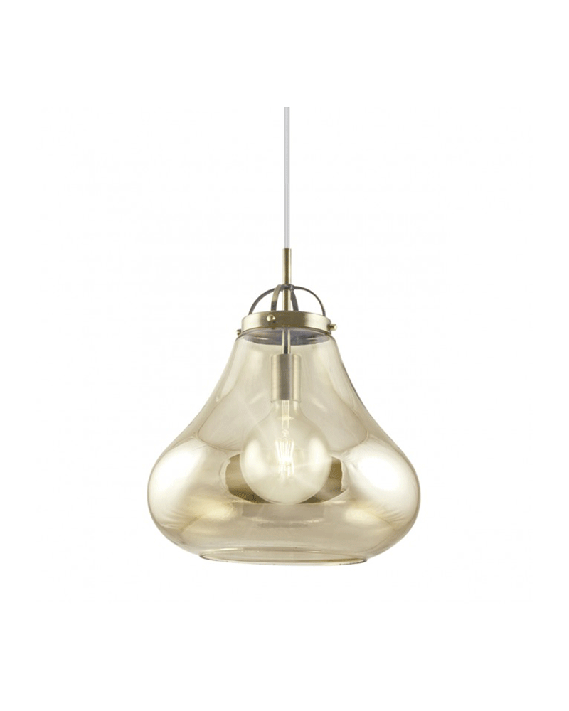 Lámpara de techo de 35cm. con pantalla en cristal con forma de campana y metal color cuero 40W E27