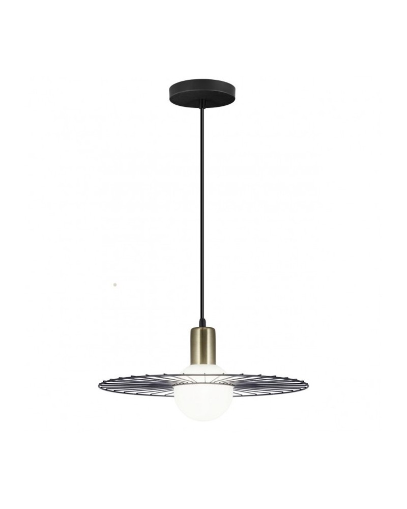 Ceiling lamp 36cm white sphere with black metal spokes and leather lamp holder 40W G-9