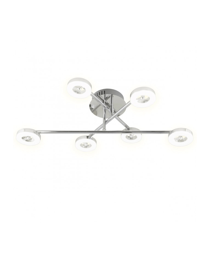 Crossed Ceiling lamp 65cm. 6 circular LED circle lights chrome finish 5w 3000K 2400Lm.