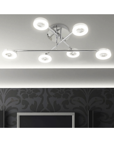 Crossed Ceiling lamp 65cm. 6 circular LED circle lights chrome finish 5w 3000K 2400Lm.
