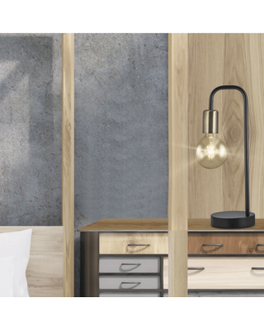 Table lamp 38cm round black metal base with leather lamp holder 1 X 60W E-27