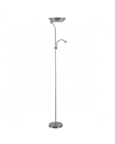 Lámpara de pie 180cm acabado níquel satinado luz superior forma de plato y punto lectura E14 + 2xE27
