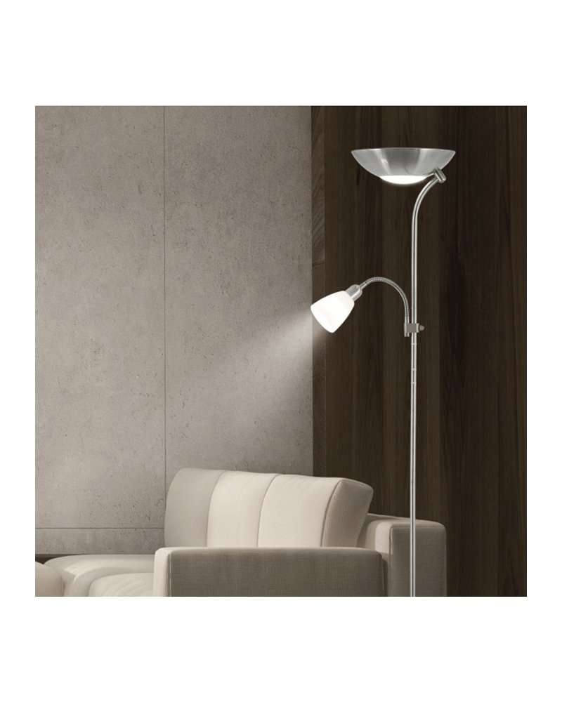 Lámpara de pie 180cm acabado níquel satinado luz superior forma de plato y punto lectura E14 + 2xE27