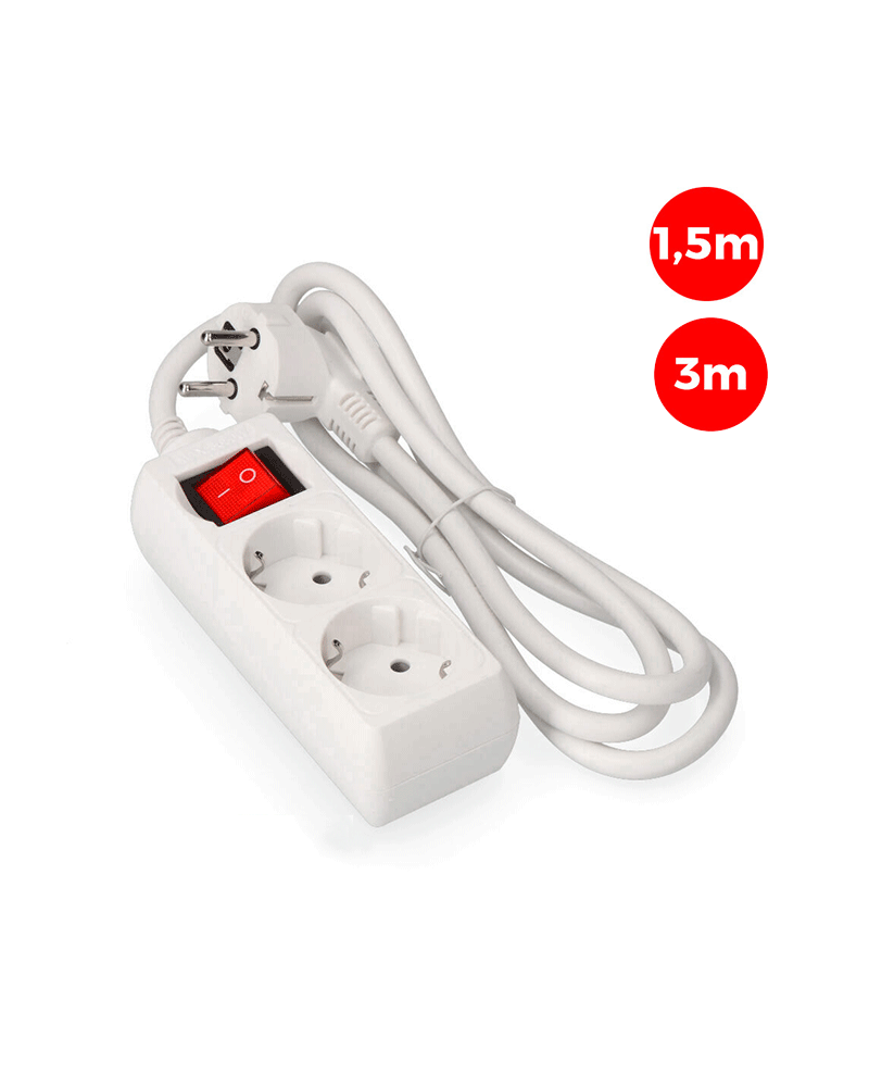 Multiple outlet with 2 Schuko sockets with 1.5m or 3m cable 3x1.5mm switch