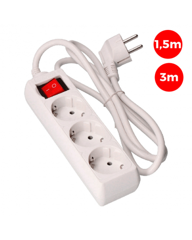 Multiple outlet with 3 Schuko sockets with 1.5m or 3m cable 3x1.5mm switch