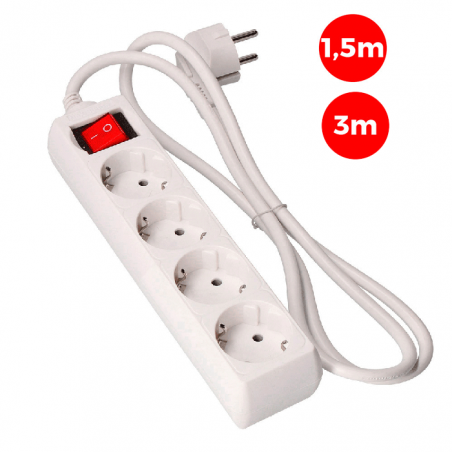 Multiple outlet with 4 Schuko sockets with 1.5m or 3m cable 3x1.5mm switch