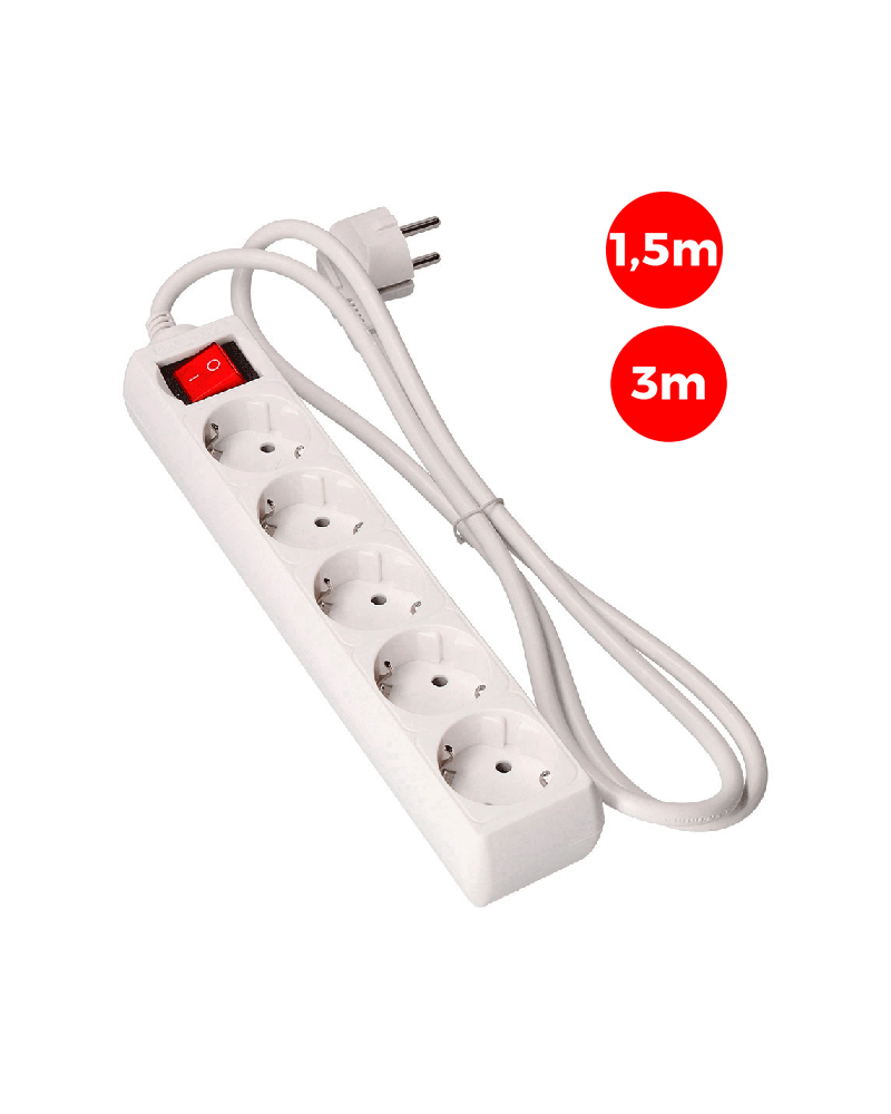 Multiple outlet with 5 Schuko sockets with 1.5m or 3m cable 3x1.5mm switch