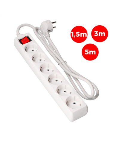 Multiple outlet with 6 Schuko sockets with 1.5m or 3m cable 3x1.5mm switch