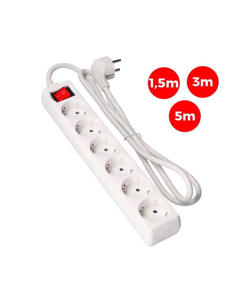 Multiple outlet with 6 Schuko sockets with 1.5m or 3m cable 3x1.5mm switch