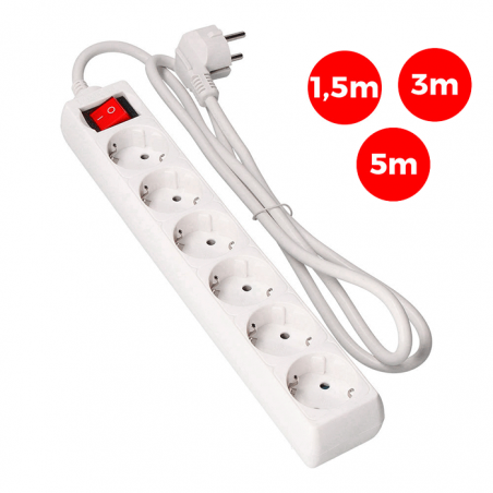 Multiple outlet with 6 Schuko sockets with 1.5m or 3m cable 3x1.5mm switch