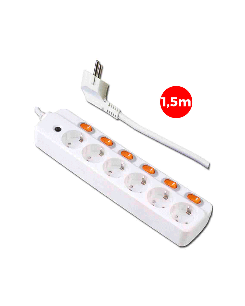 Base múltiple 6 tomas T/TL con 6 interruptores independientes de 1,5m de cable 3x1,5mm