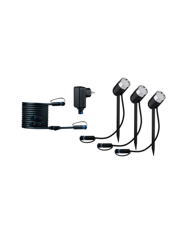 Set de 3 estacas LED RGB IP44 con 5m cable, 4 salidas y transformador compatible con Alexa