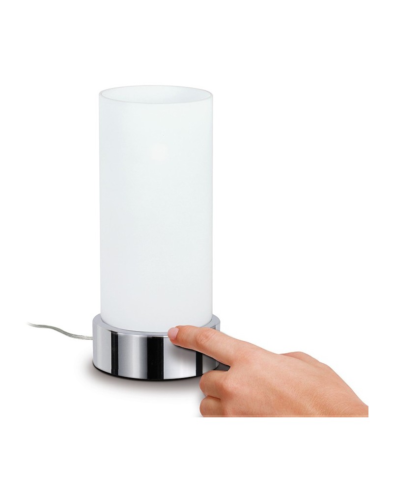 Dimmable 24cm table lamp with touch control white glass chrome base E14 40W