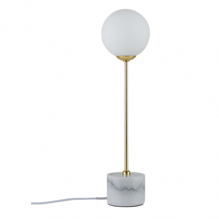Lámpara de mesa 40cm pantalla esfera cristal con fuste en dorado y base de mármol 10 W G9